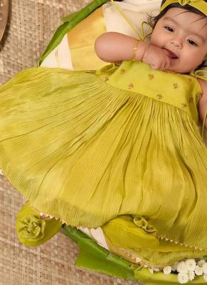 Pistah green tissue embroidered aaradhya frock for girls 3