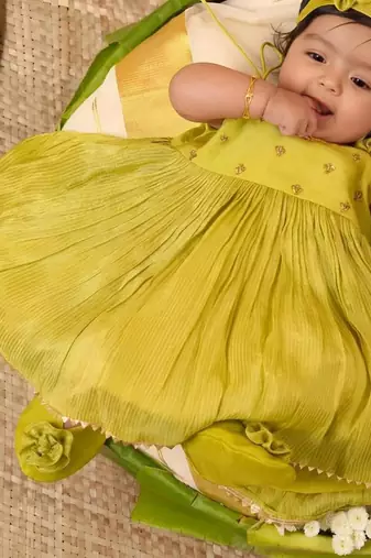 Pistah green tissue embroidered aaradhya frock for girls