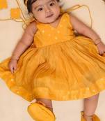 Yellow tissue printed sitara frock for girls
