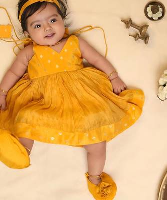 Yellow tissue printed sitara frock for girls 3