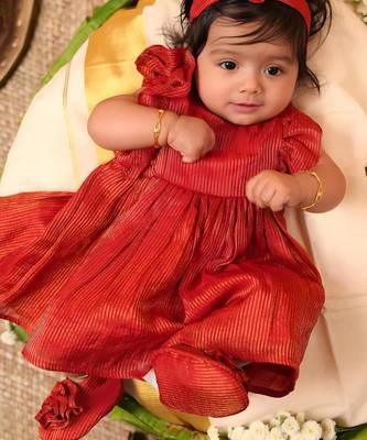 Red tissue plain roja frock for girls 1
