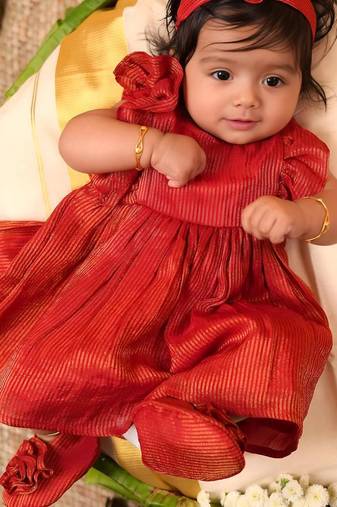 Red tissue plain roja frock for girls