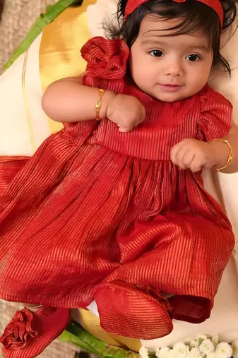 Red tissue plain roja frock for girls