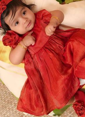 Red tissue plain roja frock for girls 3