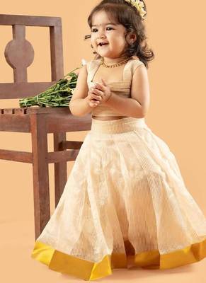 Beige tissue plain beige flair crop top & skirt for girls 1