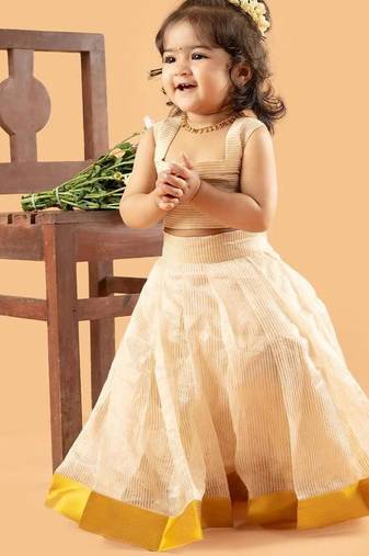Beige tissue plain beige flair crop top & skirt for girls