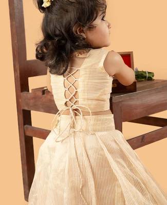 Beige tissue plain beige flair crop top & skirt for girls 2