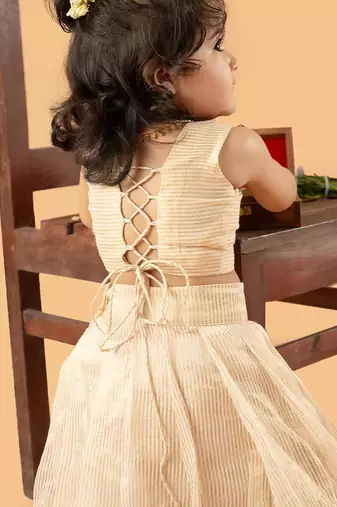 Beige tissue plain beige flair crop top & skirt for girls