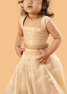 Beige tissue plain beige flair crop top & skirt for girls 3