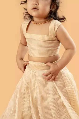 Beige tissue plain beige flair crop top & skirt for girls
