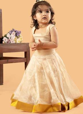 Beige tissue plain beige flair crop top & skirt for girls 4