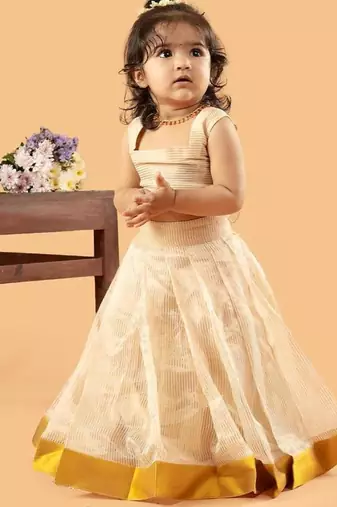 Beige tissue plain beige flair crop top & skirt for girls
