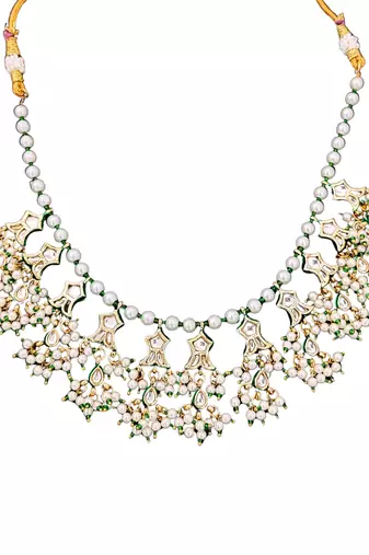 Beautiful kundan pearl and green pearls necklace set with maang tikka & earrings
