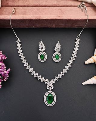 Elegant green stone & cz diamond necklace set for women 1