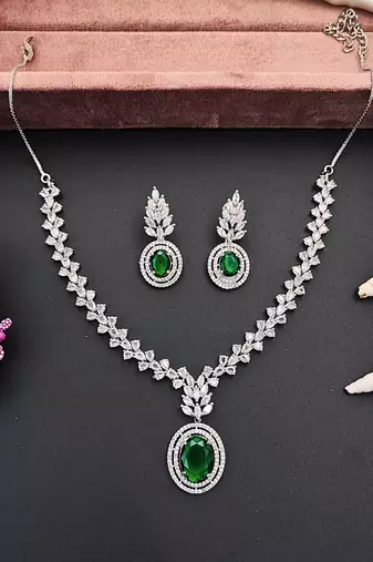 Elegant green stone & cz diamond necklace set for women