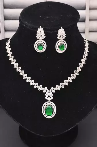 Elegant green stone & cz diamond necklace set for women