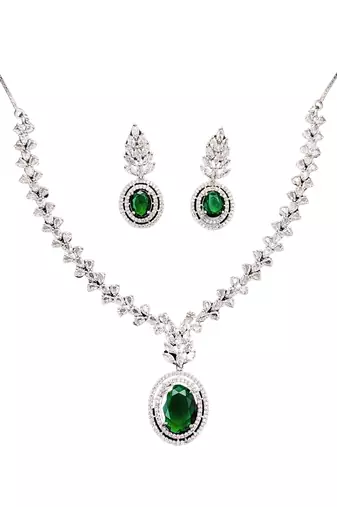 Elegant green stone & cz diamond necklace set for women