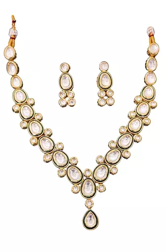 Classic oval polki kundan green enamel necklace set with matching earrings