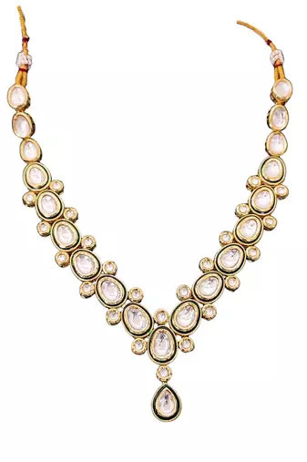 Classic oval polki kundan green enamel necklace set with matching earrings