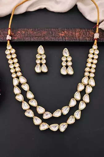 Double layer polki kundan necklace set with statement earrings