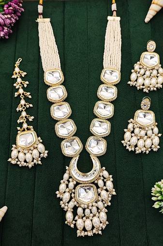Grand kundan pearl multi strand necklace set with earrings & maang tikka