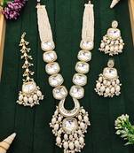 Grand kundan pearl multi strand necklace set with earrings & maang tikka