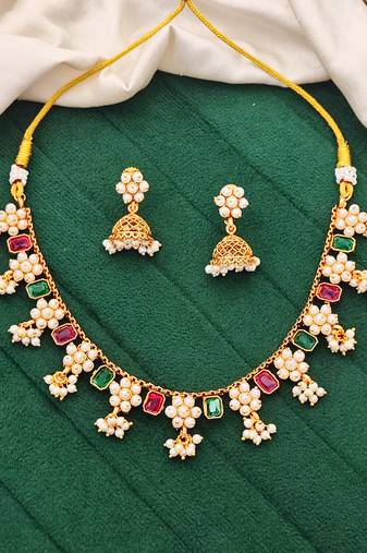 Floral pearl & ruby emerald color stone necklace set with jhumka earrings