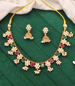 Floral pearl & ruby emerald color stone necklace set with jhumka earrings