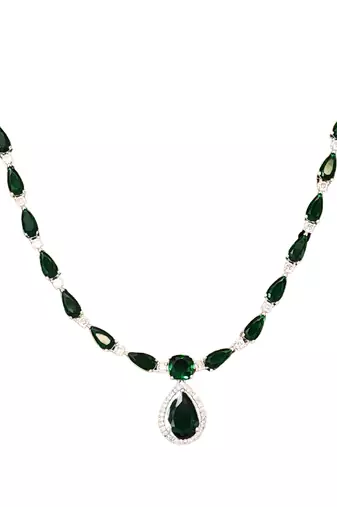 Delicate emerald green stone necklace set with matching drop earrings