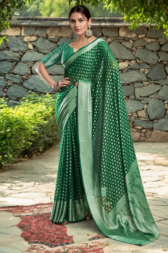 Green georgette saree with intricate jacquard and blouse