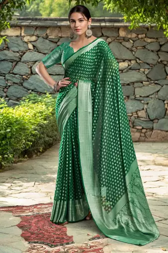 Green georgette saree with intricate jacquard and blouse