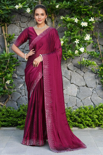 Maroon rangoli diamond embellishments saree