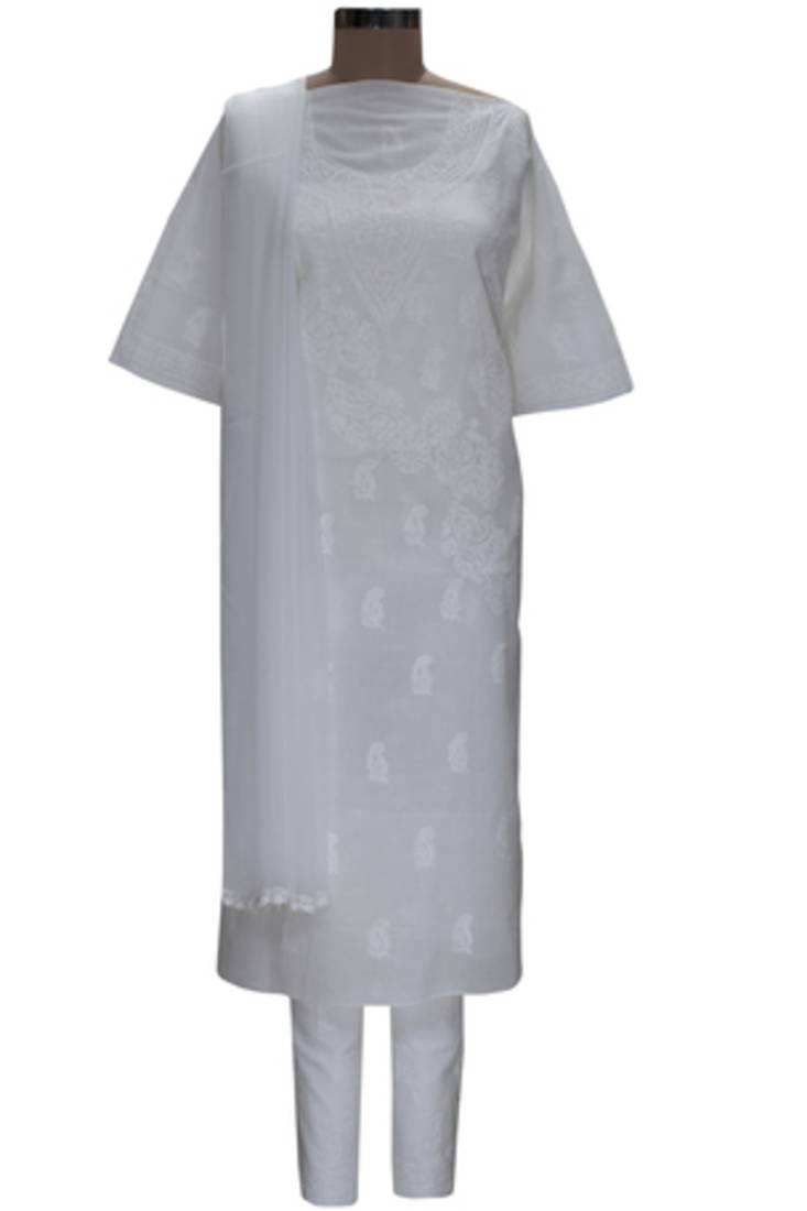 Ada Hand Embroidered White Cotton Lucknow Chikankari Suit Piece