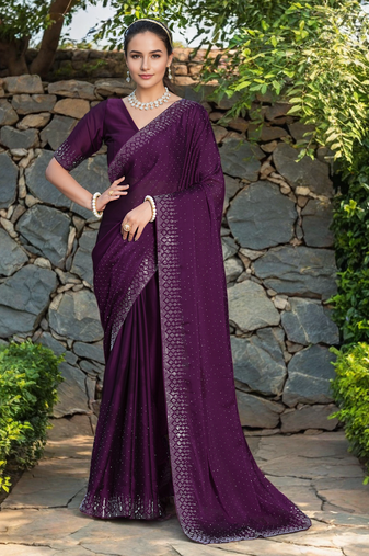 Purple rangoli diamond embellishments saree