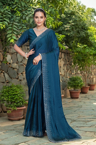 Teal rangoli diamond embellishments saree