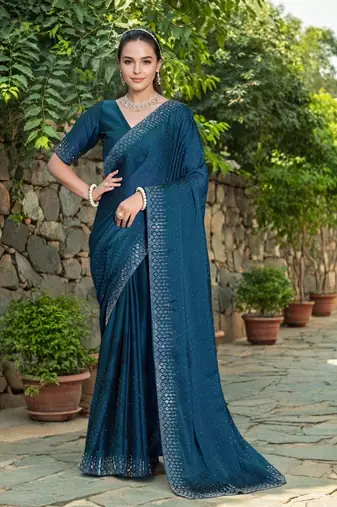 Teal rangoli diamond embellishments saree