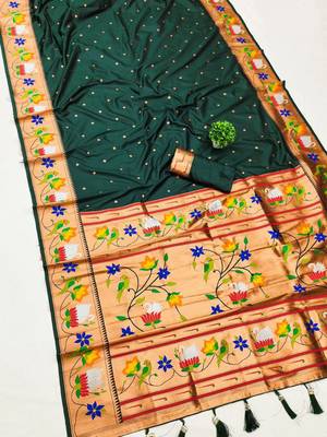 green banarasi silk blend saree with paithani weaved pallu and blouse 1
