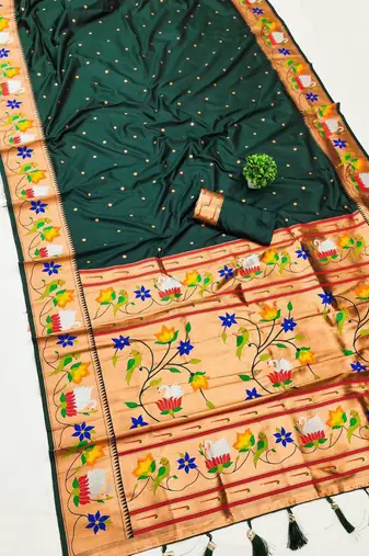 green banarasi silk blend saree with paithani weaved pallu and blouse