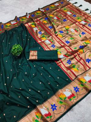 green banarasi silk blend saree with paithani weaved pallu and blouse 2
