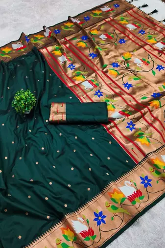 green banarasi silk blend saree with paithani weaved pallu and blouse