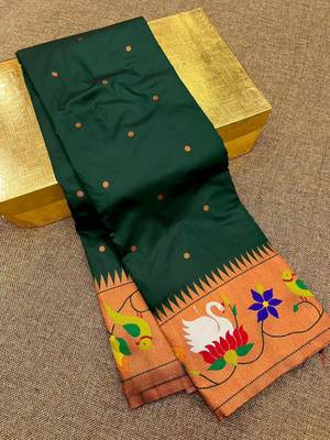 green banarasi silk blend saree with paithani weaved pallu and blouse 3