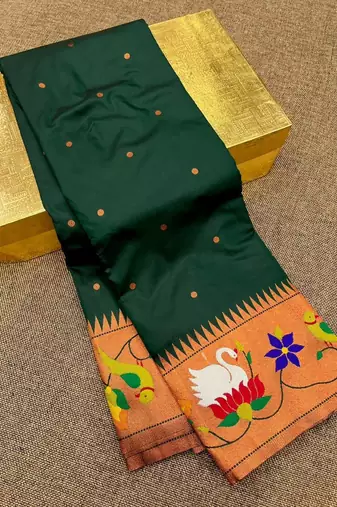 green banarasi silk blend saree with paithani weaved pallu and blouse