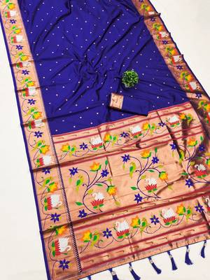 blue banarasi silk blend saree with paithani weaved pallu and blouse 1