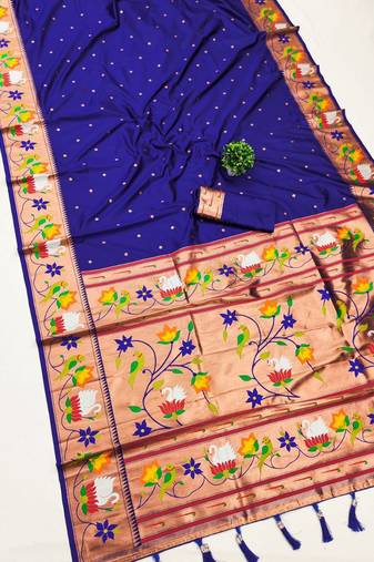 blue banarasi silk blend saree with paithani weaved pallu and blouse
