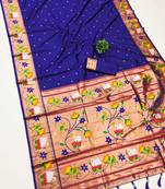 blue banarasi silk blend saree with paithani weaved pallu and blouse