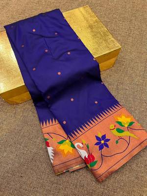 blue banarasi silk blend saree with paithani weaved pallu and blouse 2