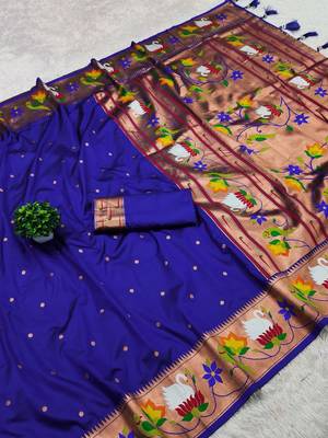 blue banarasi silk blend saree with paithani weaved pallu and blouse 3