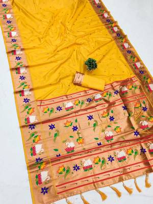 yellow banarasi silk blend saree with paithani weaved pallu and blouse 1