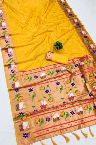 yellow banarasi silk blend saree with paithani weaved pallu and blouse