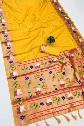 yellow banarasi silk blend saree with paithani weaved pallu and blouse